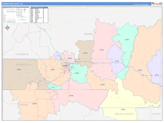 Pennington County, SD ZIP Code Wall Map, ColorCast style