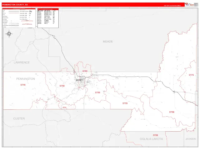 Pennington County, SD ZIP Code Wall Map, RedLine style
