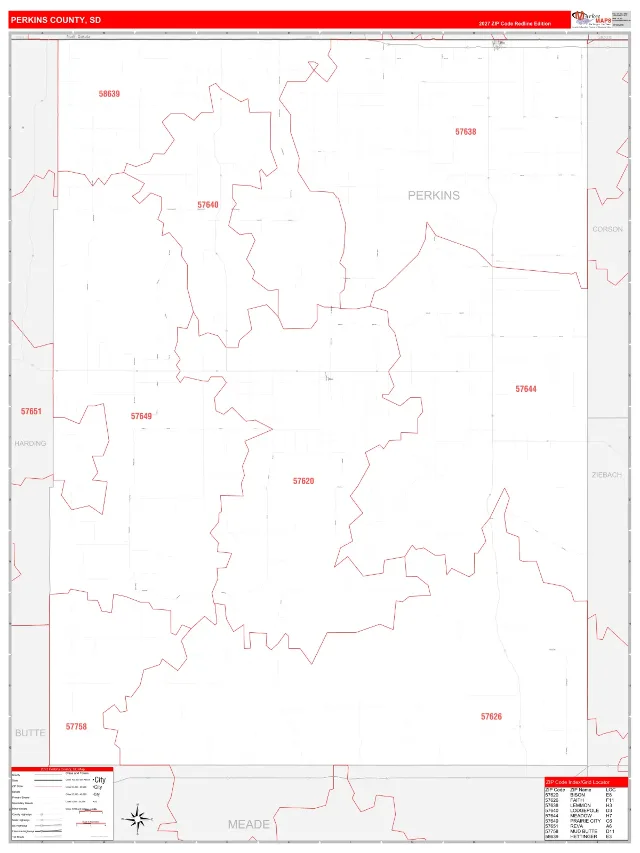 Perkins County, SD ZIP Code Wall Map, RedLine style