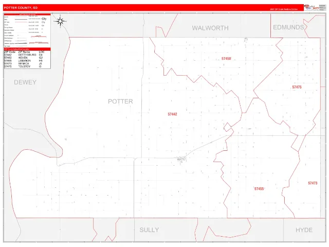 Potter County, SD ZIP Code Wall Map, RedLine style
