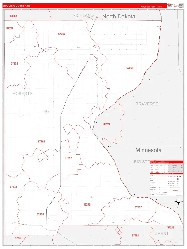 Roberts County, SD ZIP Code Wall Map, RedLine style