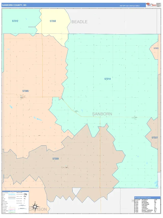Sanborn County, SD ZIP Code Wall Map, ColorCast style