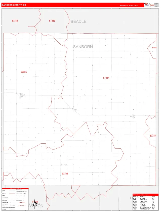 Sanborn County, SD ZIP Code Wall Map, RedLine style
