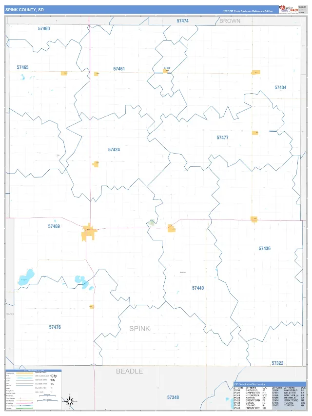 Spink County, SD ZIP Code Wall Map, Business Reference style