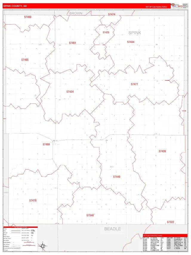 Spink County, SD ZIP Code Wall Map, RedLine style