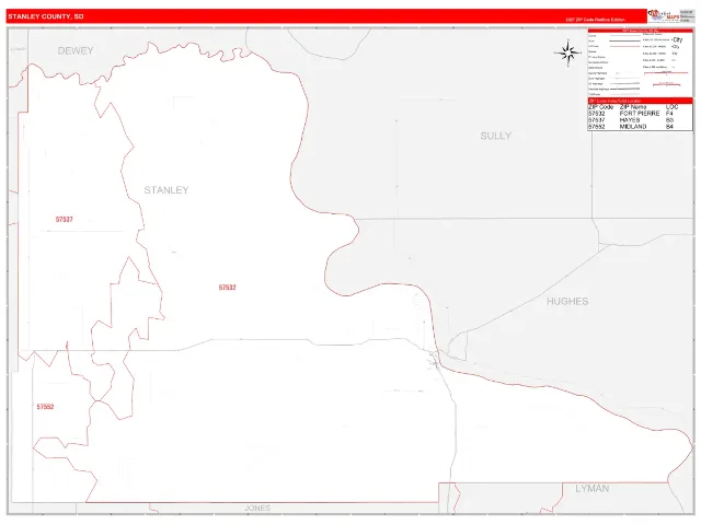 Stanley County, SD ZIP Code Wall Map, RedLine style
