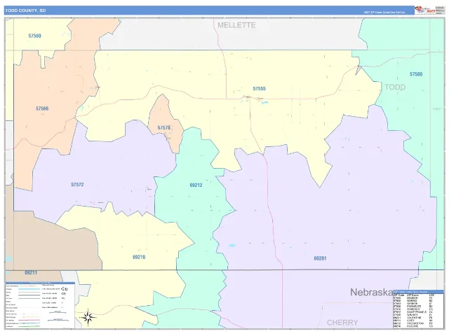 Todd County, SD ZIP Code Wall Map, ColorCast style