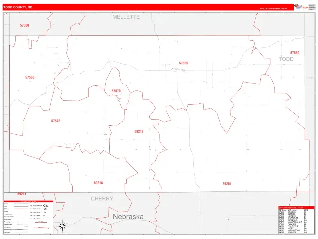 Todd County, SD ZIP Code Wall Map, RedLine style