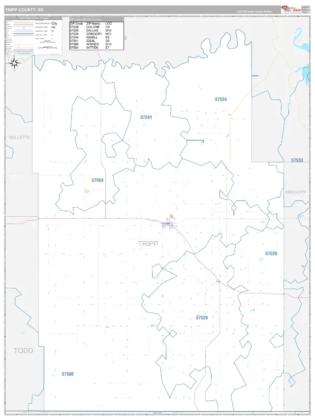 Tripp County, SD ZIP Code Wall Map, Classic style