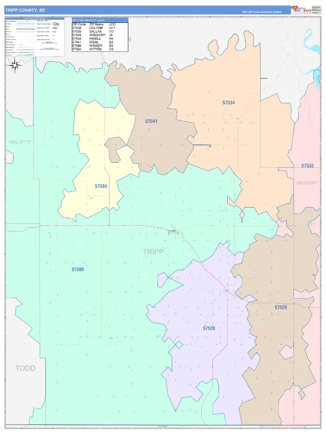 Tripp County, SD ZIP Code Wall Map, ColorCast style