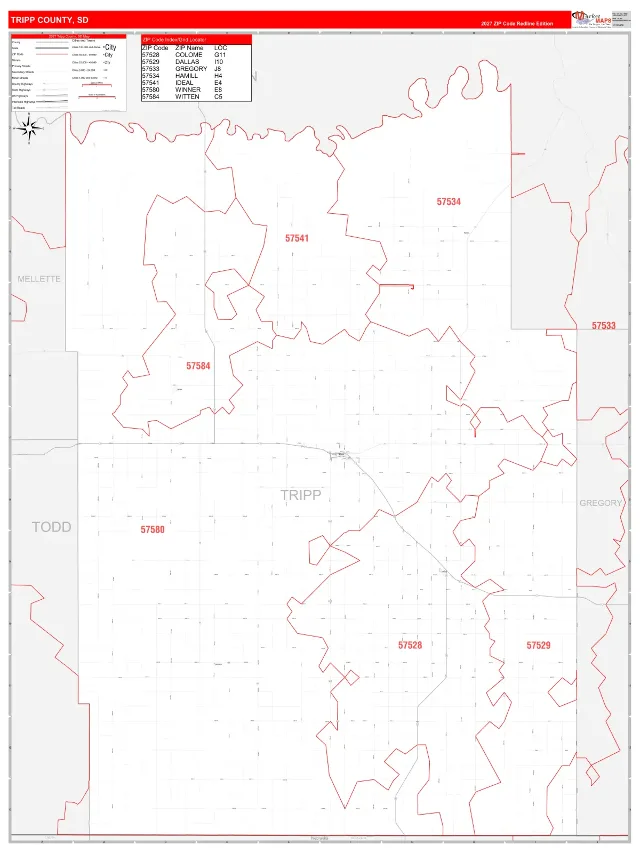 Tripp County, SD ZIP Code Wall Map, RedLine style