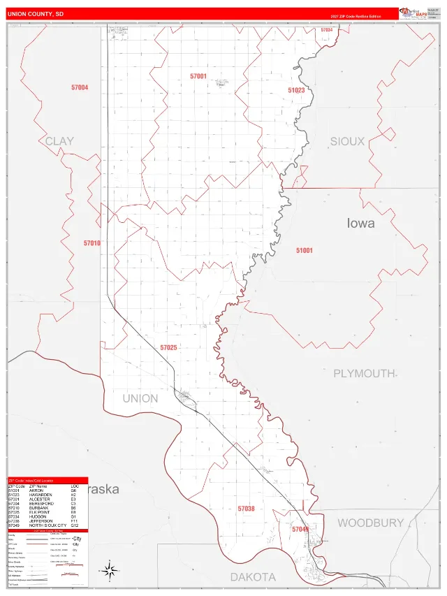 Union County, SD ZIP Code Wall Map, RedLine style