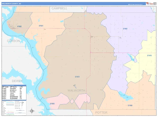 Walworth County, SD ZIP Code Wall Map, ColorCast style