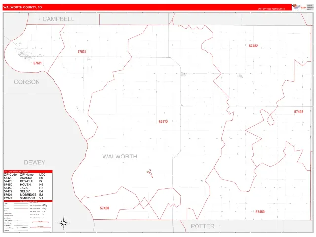 Walworth County, SD ZIP Code Wall Map, RedLine style