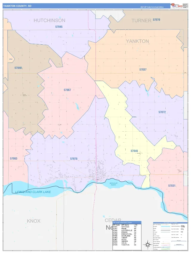 Yankton County, SD ZIP Code Wall Map, ColorCast style