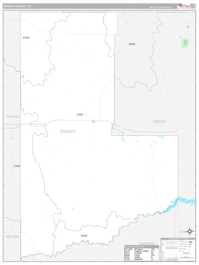 Ziebach County, SD ZIP Code Wall Map, Classic style