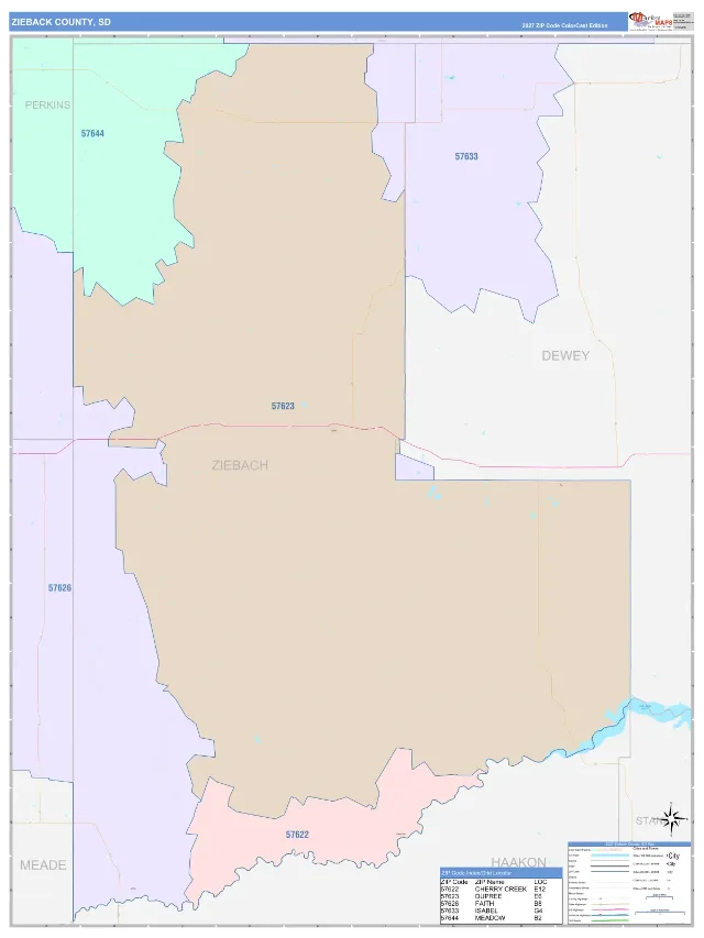 Ziebach County, SD ZIP Code Wall Map, ColorCast style
