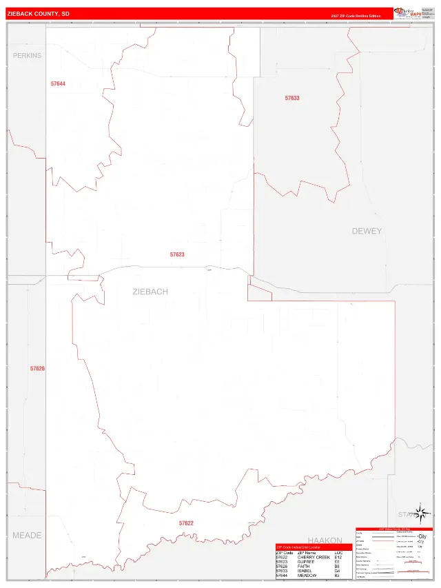 Ziebach County, SD ZIP Code Wall Map, RedLine style