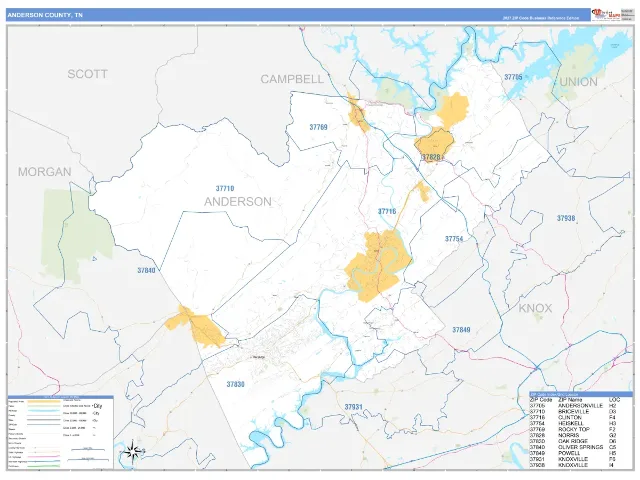 Anderson County, TN ZIP Code Wall Map, Business Reference style