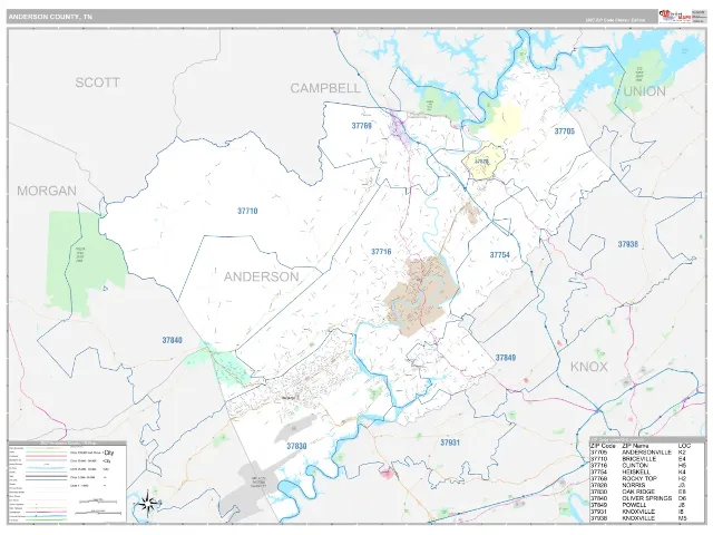Anderson County, TN ZIP Code Wall Map, Classic style