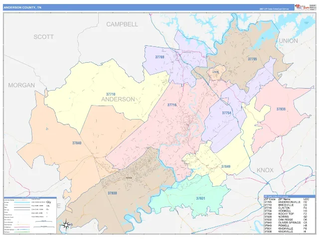Anderson County, TN ZIP Code Wall Map, ColorCast style
