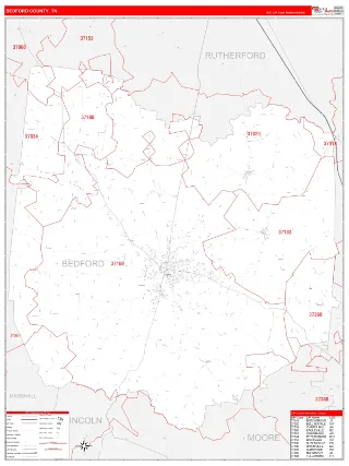 Bedford County, TN RedLine style ZIP Code wall map