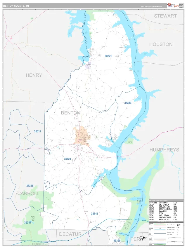 Benton County, TN ZIP Code Wall Map, Classic style
