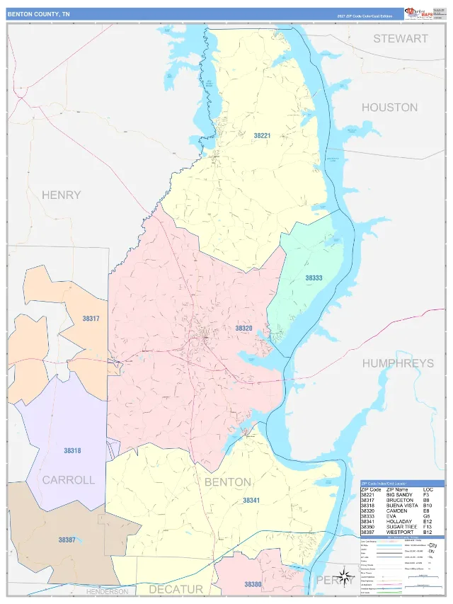 Benton County, TN ZIP Code Wall Map, ColorCast style