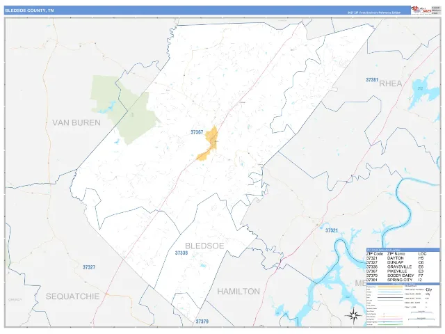 Bledsoe County, TN ZIP Code Wall Map, Business Reference style