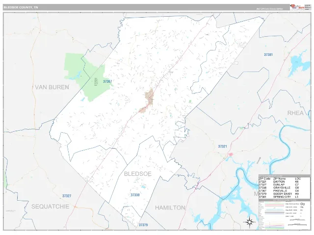 Bledsoe County, TN ZIP Code Wall Map, Classic style