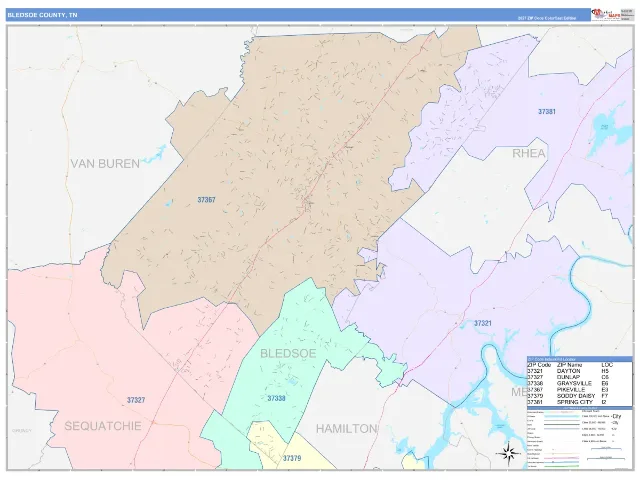 Bledsoe County, TN ZIP Code Wall Map, ColorCast style