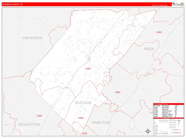 Bledsoe County, TN ZIP Code Wall Map, RedLine style