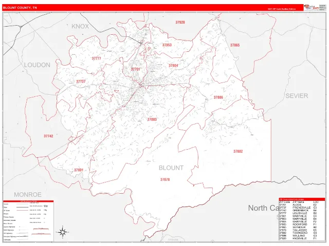 Blount County, TN ZIP Code Wall Map, RedLine style
