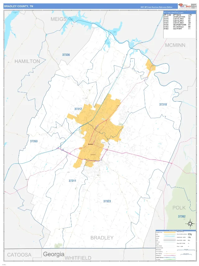 Bradley County, TN ZIP Code Wall Map, Business Reference style