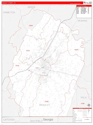 Bradley County, TN RedLine style ZIP Code wall map