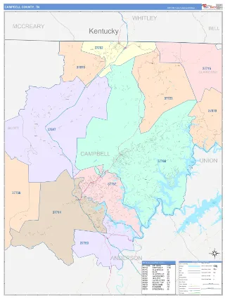 Campbell County, TN ColorCast style ZIP Code wall map