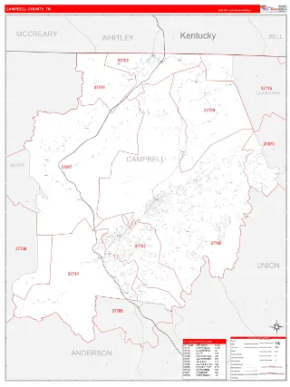 Campbell County, TN RedLine style ZIP Code wall map