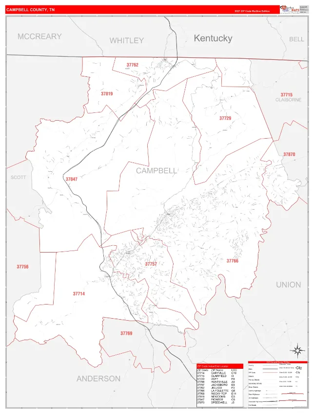Campbell County, TN ZIP Code Wall Map, RedLine style