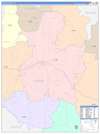 Cannon County, TN ColorCast style ZIP Code wall map