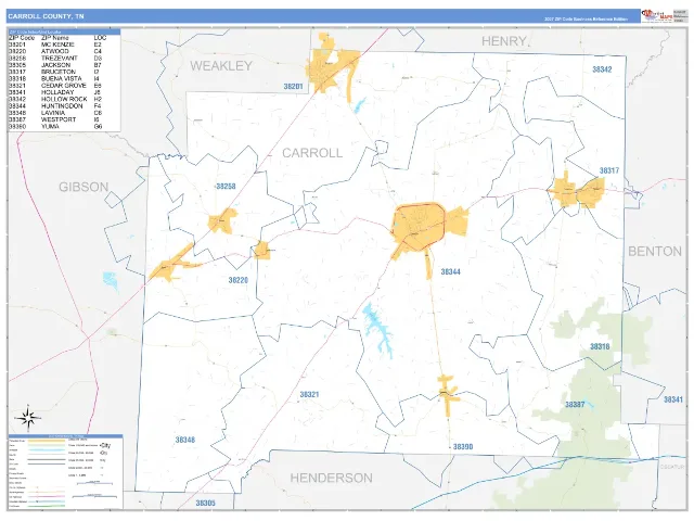 Carroll County, TN ZIP Code Wall Map, Business Reference style
