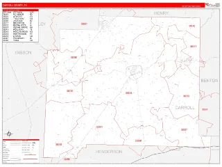 Carroll County, TN RedLine style ZIP Code wall map