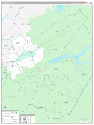 Carter County, TN Classic style ZIP Code wall map