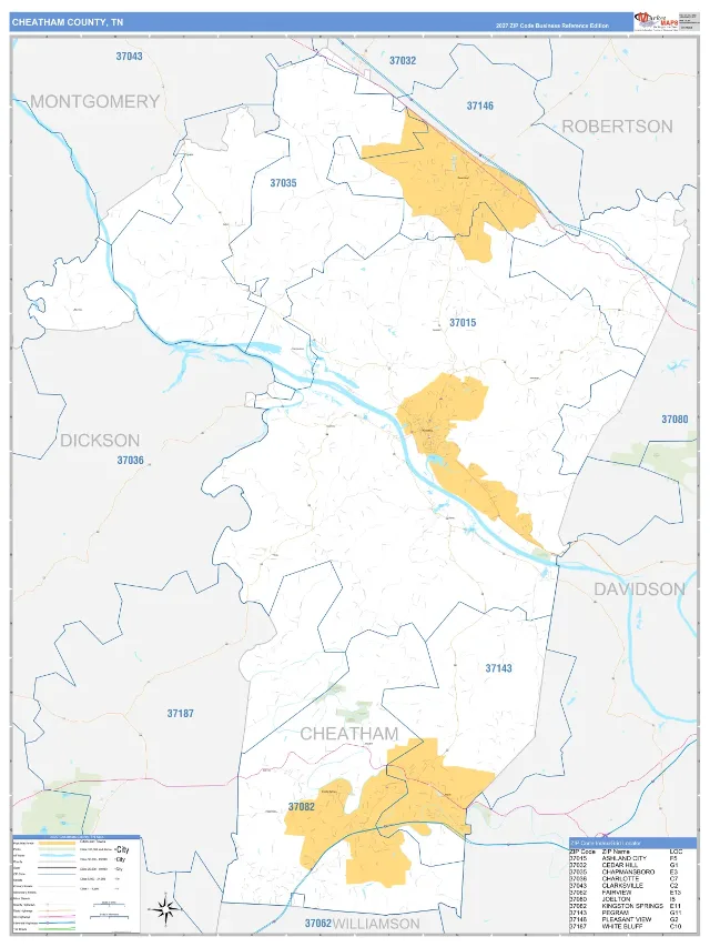 Cheatham County, TN ZIP Code Wall Map, Business Reference style