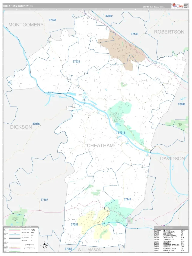 Cheatham County, TN ZIP Code Wall Map, Classic style