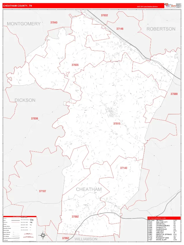 Cheatham County, TN ZIP Code Wall Map, RedLine style