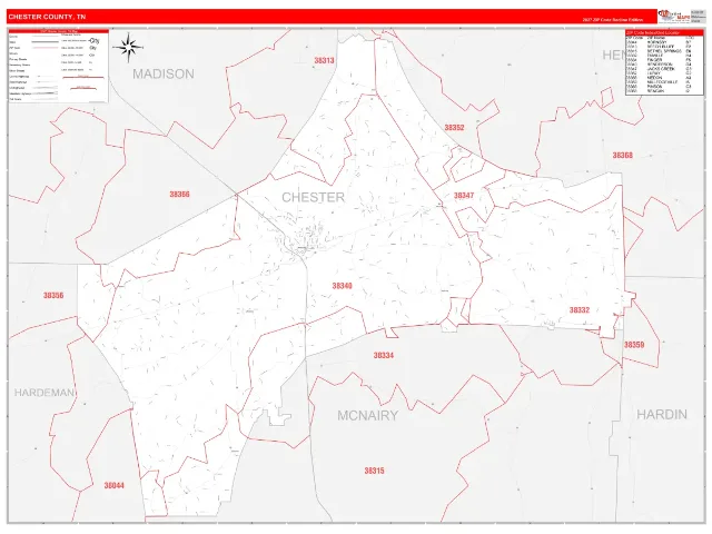 Chester County, TN ZIP Code Wall Map, RedLine style
