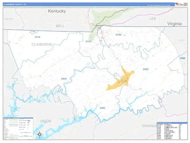 Claiborne County, TN ZIP Code Wall Map, Business Reference style
