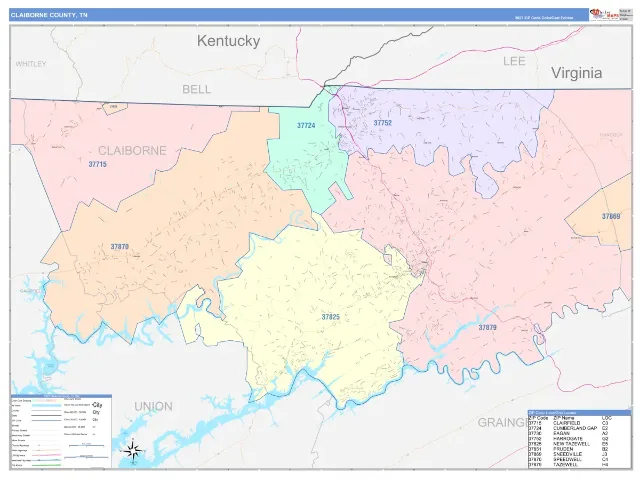 Claiborne County, TN ZIP Code Wall Map, ColorCast style