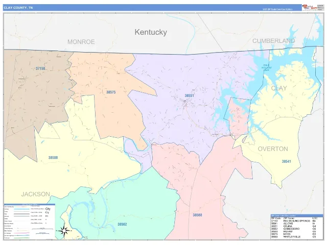 Clay County, TN ZIP Code Wall Map, ColorCast style