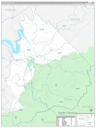 Cocke County, TN Classic style ZIP Code wall map